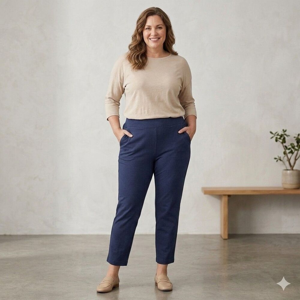 PURE JILL Slim-Leg Cropped Pant Pima Cotton Modal Navy Blue Stretch Plus 2X
